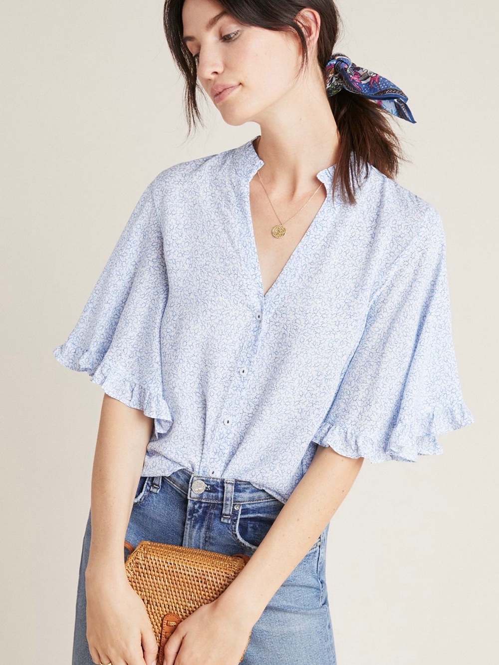 Anthropologie Pale Blue Micro Floral Button-Down with Ruffle Sleeves